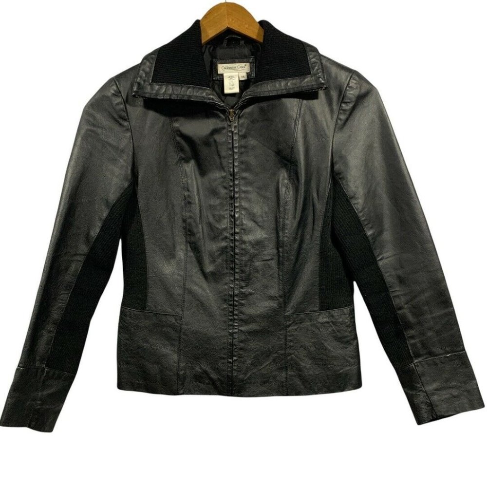 Coldwater Creek Black Leather Wool Blend Knit Jacket Size M